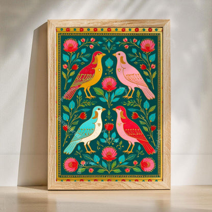 Scandi Boho Wall Art Set – Green Scandinavian Boho Bird Prints Wall Art Birds and Heart Tulip Prints Boho Scandi Prints Set of Two