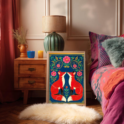 Cozy Nordic Foxes – Scandi-Boho Art Print Nordic Forest Wall Art Woodland Creature Nursery Print Navy Blue Fox Art For Bedroom