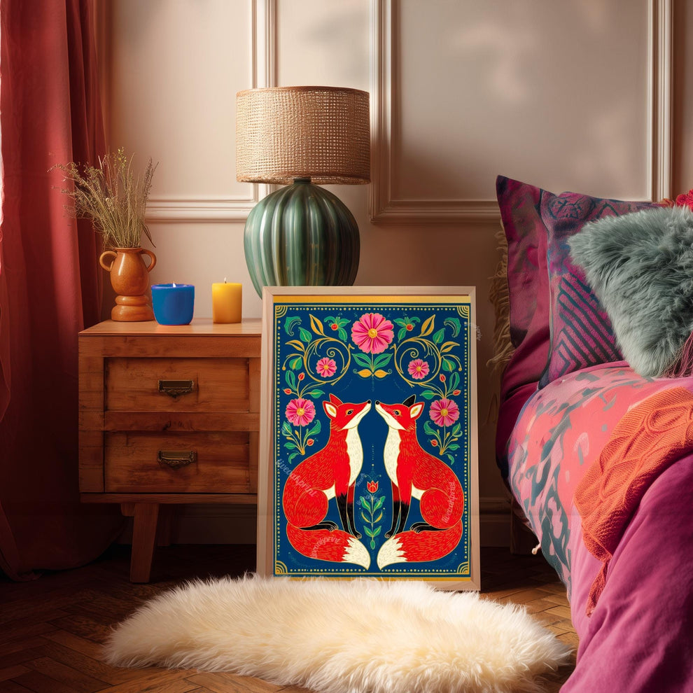 Cozy Nordic Foxes – Scandi-Boho Art Print Nordic Forest Wall Art Woodland Creature Nursery Print Navy Blue Fox Art For Bedroom