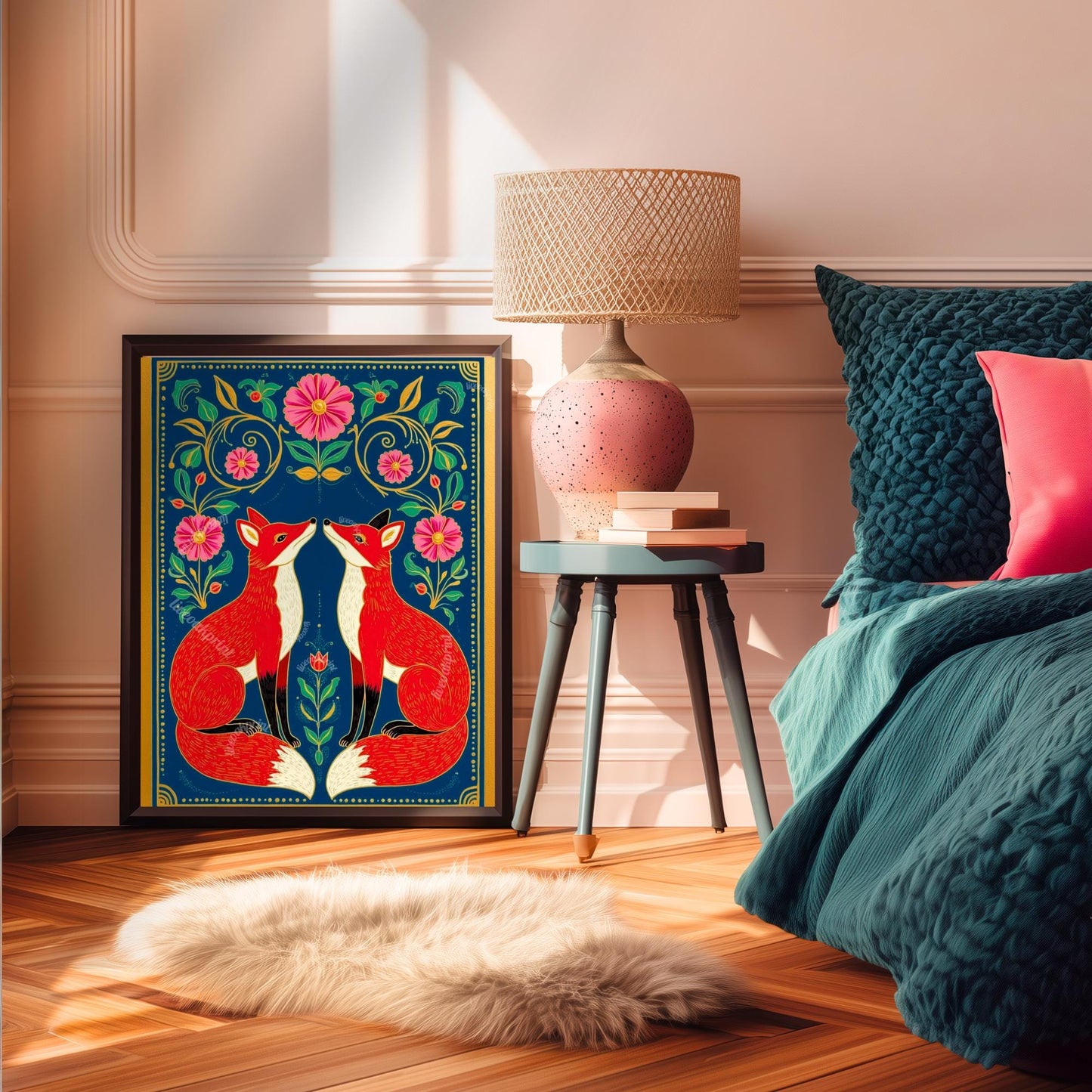 Cozy Nordic Foxes – Scandi-Boho Art Print Nordic Forest Wall Art Woodland Creature Nursery Print Navy Blue Fox Art For Bedroom