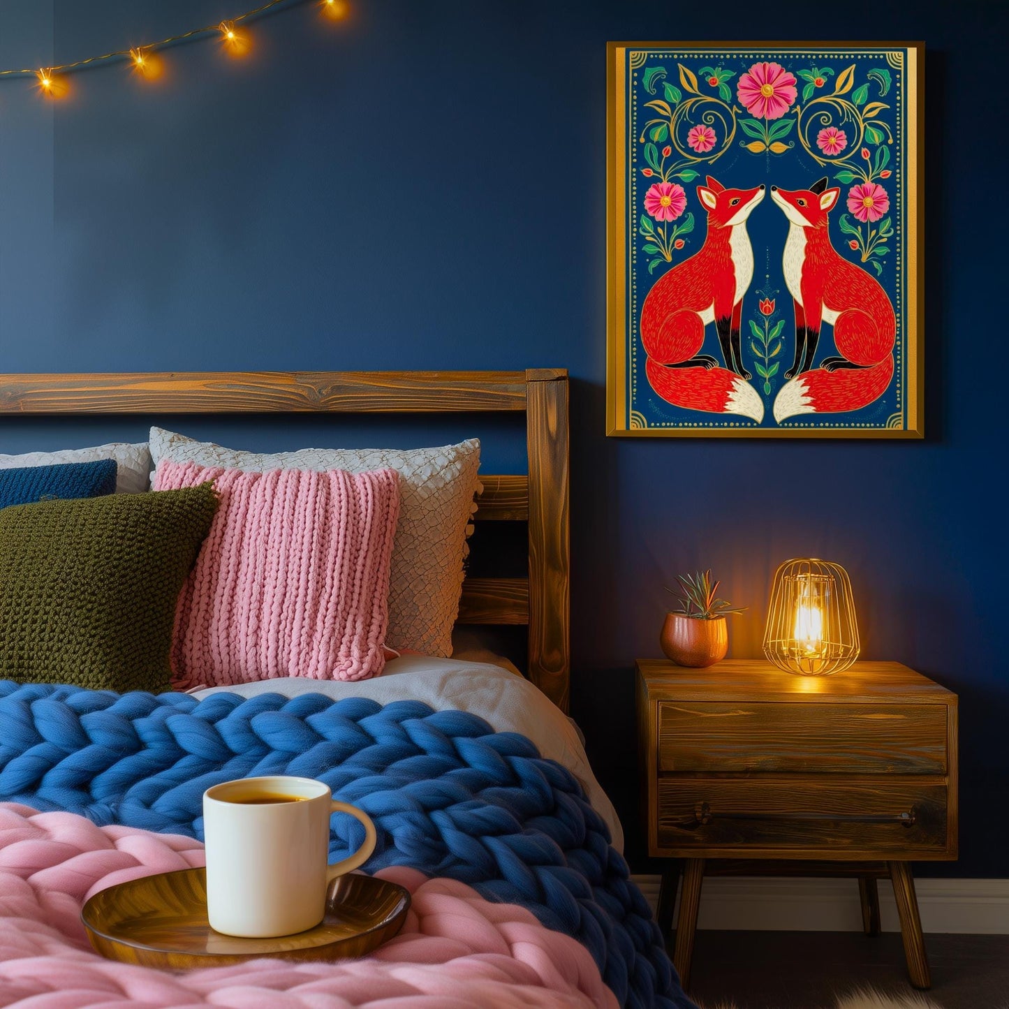 Cozy Nordic Foxes – Scandi-Boho Art Print Nordic Forest Wall Art Woodland Creature Nursery Print Navy Blue Fox Art For Bedroom