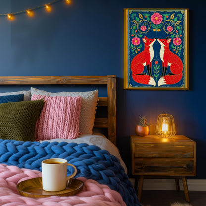 Cozy Nordic Foxes – Scandi-Boho Art Print Nordic Forest Wall Art Woodland Creature Nursery Print Navy Blue Fox Art For Bedroom