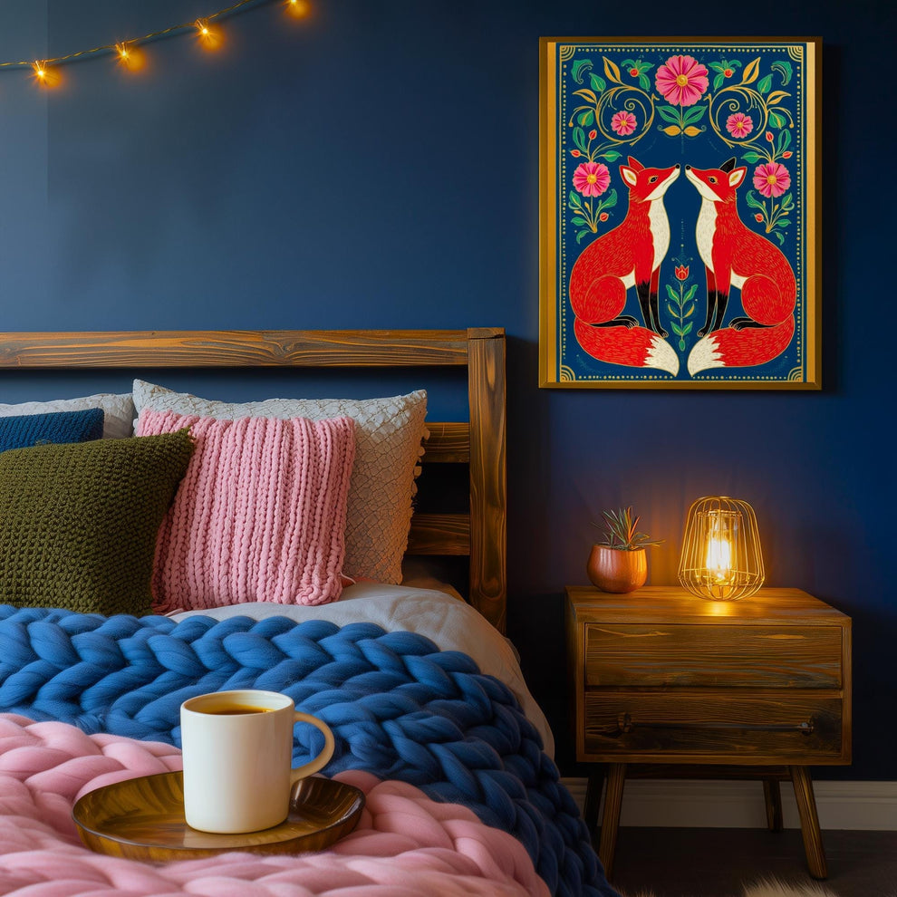 Cozy Nordic Foxes – Scandi-Boho Art Print Nordic Forest Wall Art Woodland Creature Nursery Print Navy Blue Fox Art For Bedroom