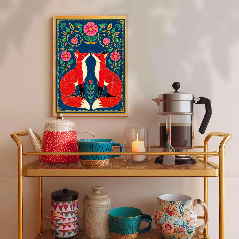 Cozy Nordic Foxes – Scandi-Boho Art Print Nordic Forest Wall Art Woodland Creature Nursery Print Navy Blue Fox Art For Bedroom