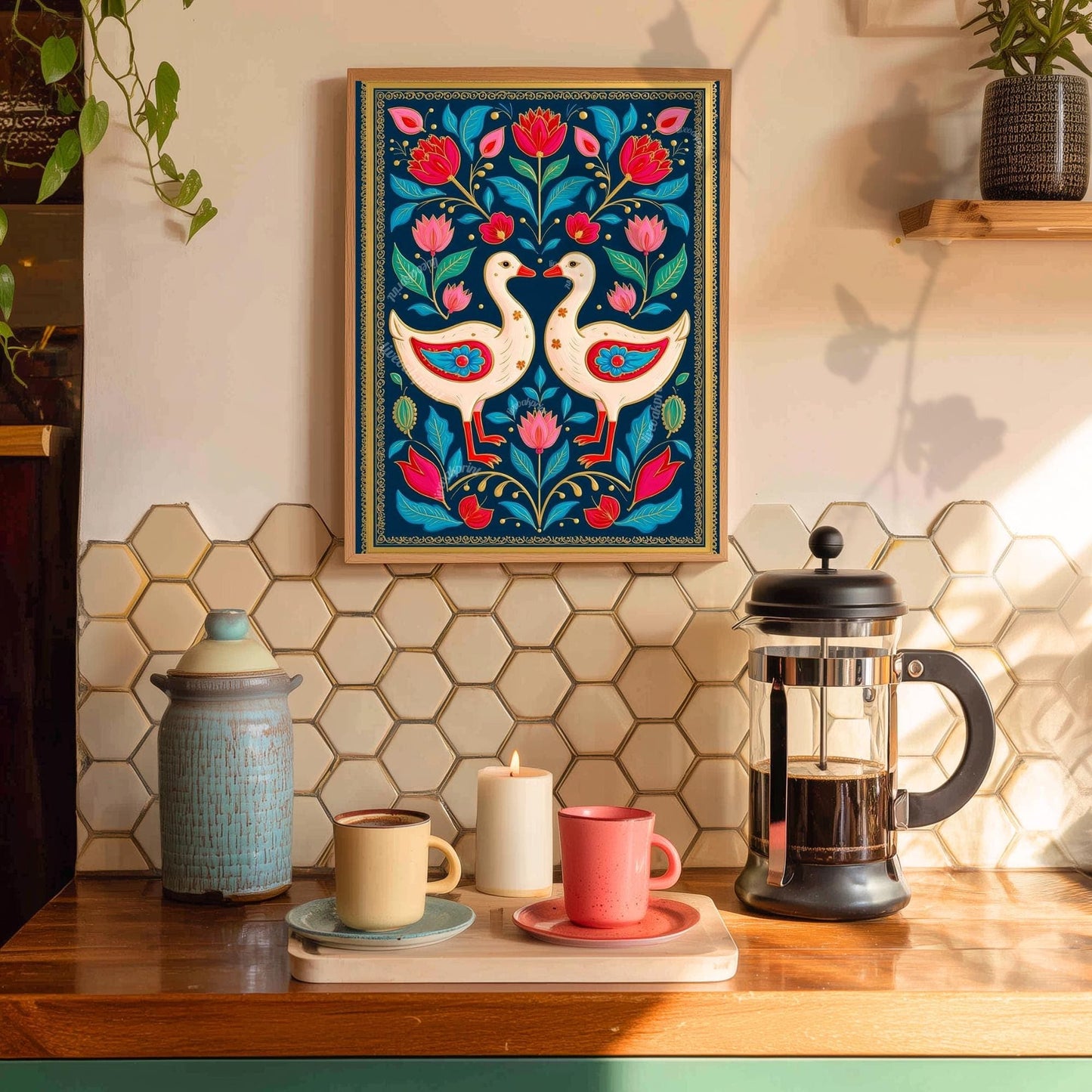 Scandinavian Goose Prink – Boho Scandy Wall Decor Nordic Wall Art Woodland Creature Nursery Print Navy Gooses Wall Decor Modern Folk