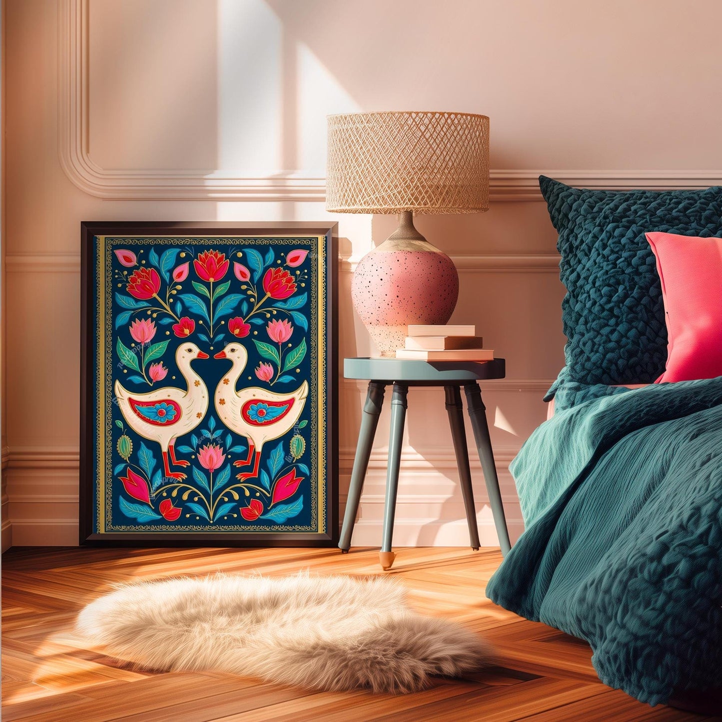 Scandinavian Goose Prink – Boho Scandy Wall Decor Nordic Wall Art Woodland Creature Nursery Print Navy Gooses Wall Decor Modern Folk