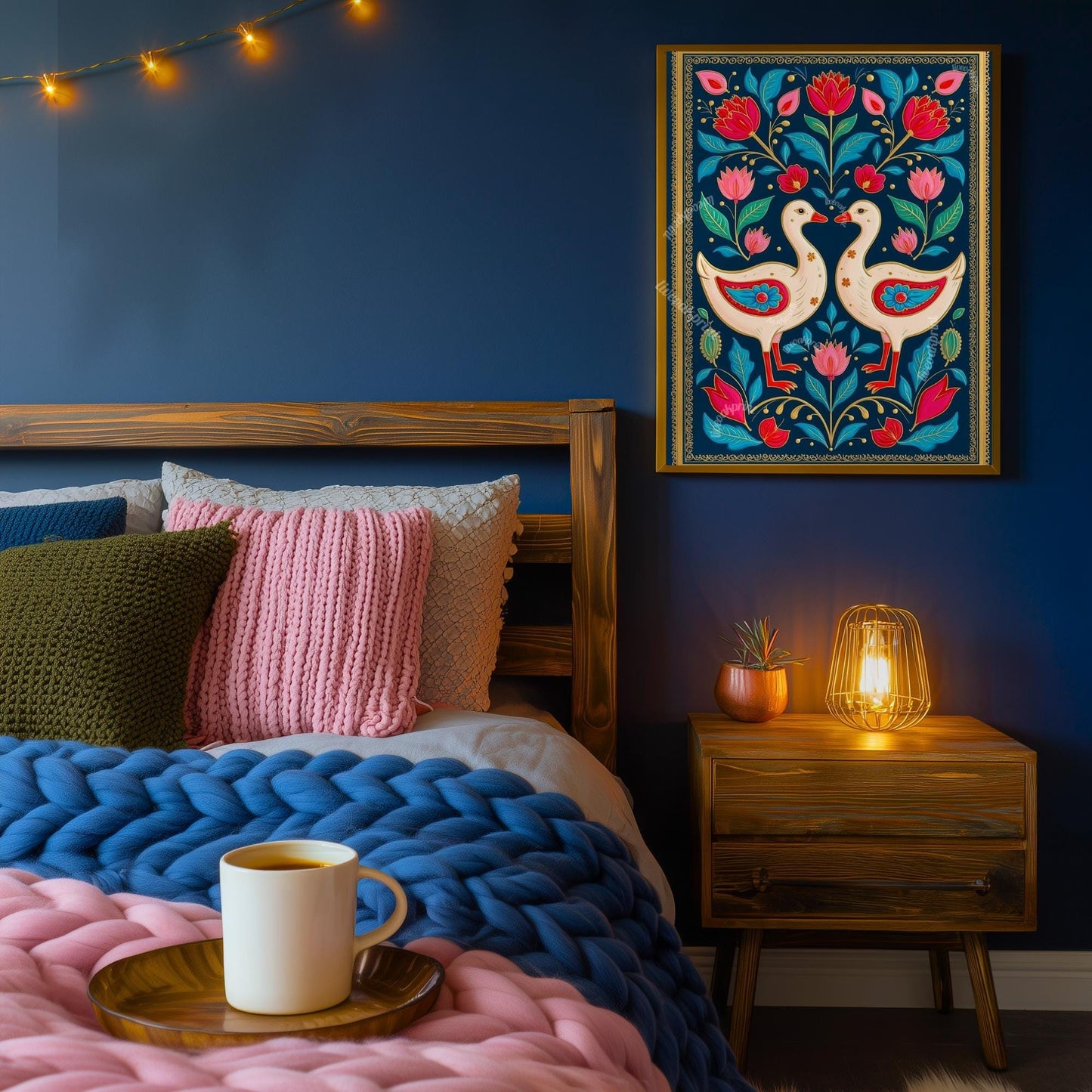 Scandinavian Goose Prink – Boho Scandy Wall Decor Nordic Wall Art Woodland Creature Nursery Print Navy Gooses Wall Decor Modern Folk