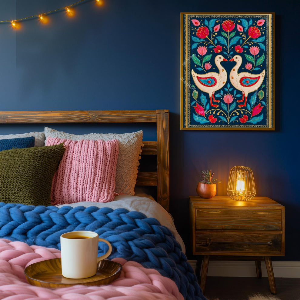 Scandinavian Goose Prink – Boho Scandy Wall Decor Nordic Wall Art Woodland Creature Nursery Print Navy Gooses Wall Decor Modern Folk