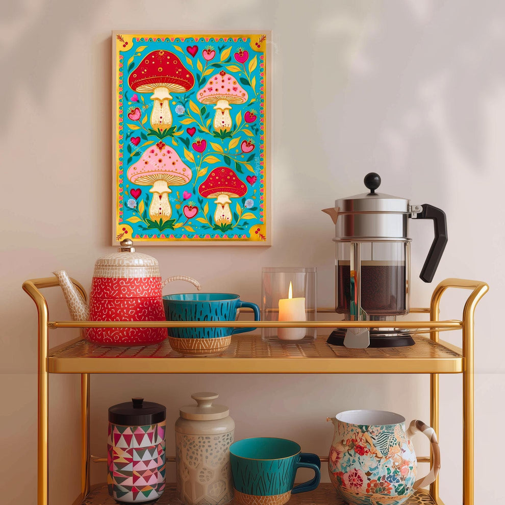 Boho Scandi Mushroom Art Print – Nordic Forest Wall Art Teal Modern Boho Home Decor Nordic Bedroom Art Mushroom Wall Decor