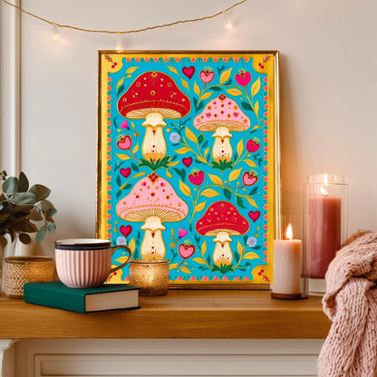 Boho Scandi Mushroom Art Print – Nordic Forest Wall Art Teal Modern Boho Home Decor Nordic Bedroom Art Mushroom Wall Decor