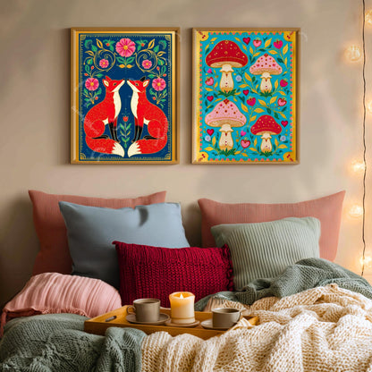 Boho Scandi Mushroom Art Print – Nordic Forest Wall Art Teal Modern Boho Home Decor Nordic Bedroom Art Mushroom Wall Decor