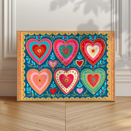 Scandi Hearts Wall Art – Horizontal Scandinavian Boho Art Colorful Nordic Heart Print Hygge Home Decor Over The Couch Living Room Print