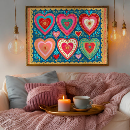 Scandi Hearts Wall Art – Horizontal Scandinavian Boho Art Colorful Nordic Heart Print Hygge Home Decor Over The Couch Living Room Print