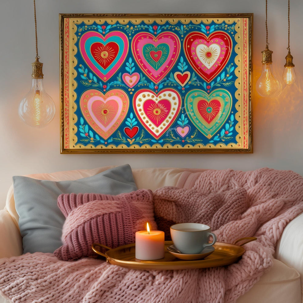 Scandi Hearts Wall Art – Horizontal Scandinavian Boho Art Colorful Nordic Heart Print Hygge Home Decor Over The Couch Living Room Print