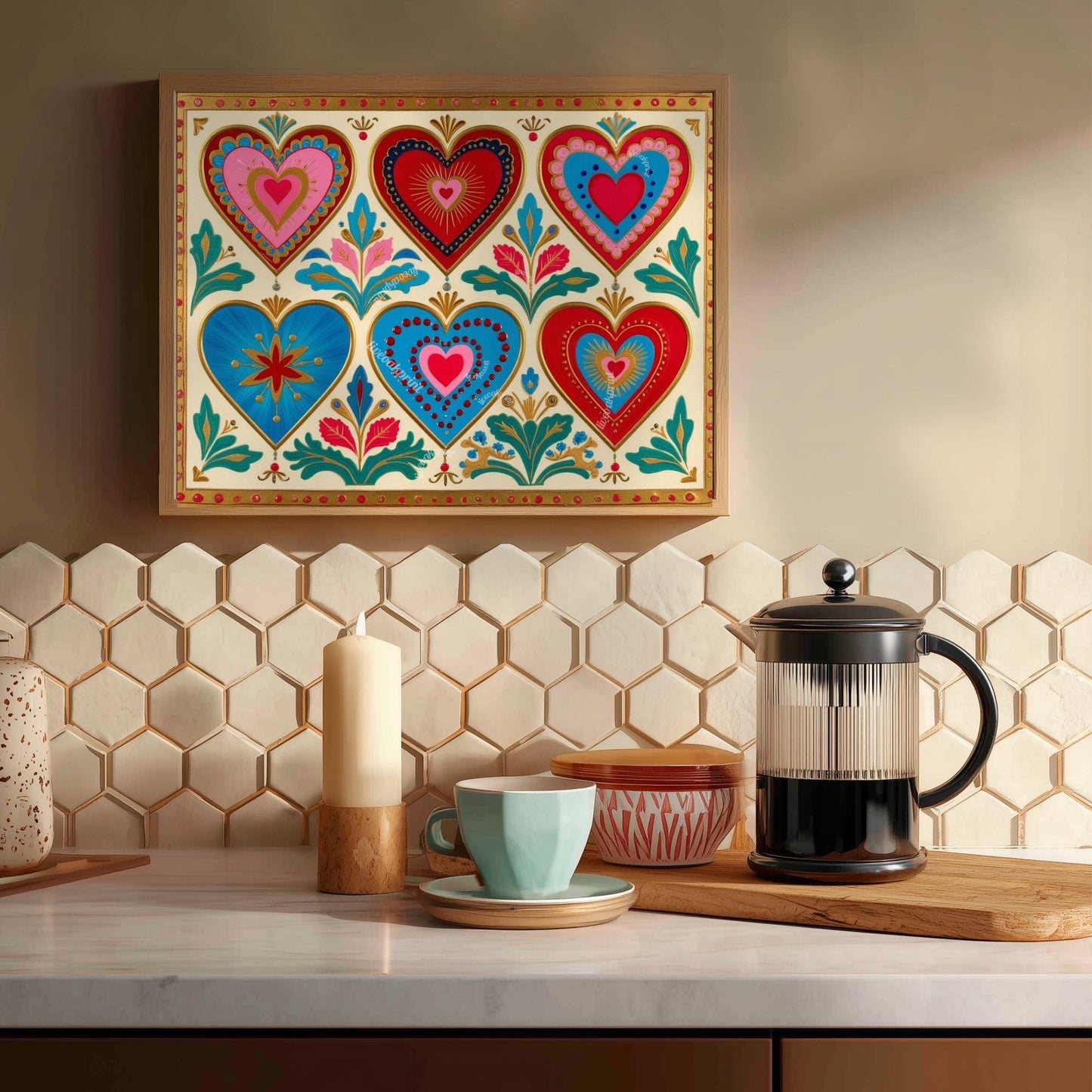 Scandi Folk Hearts Art Print – Scandinavian Boho Wall Art Red and Blue Nordic Heart Print Cozy Hygge Folk Decor
