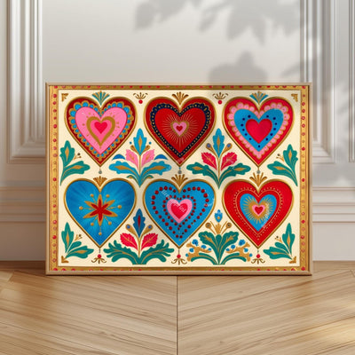 Scandi Folk Hearts Art Print – Scandinavian Boho Wall Art Red and Blue Nordic Heart Print Cozy Hygge Folk Decor