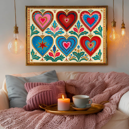 Scandi Folk Hearts Art Print – Scandinavian Boho Wall Art Red and Blue Nordic Heart Print Cozy Hygge Folk Decor