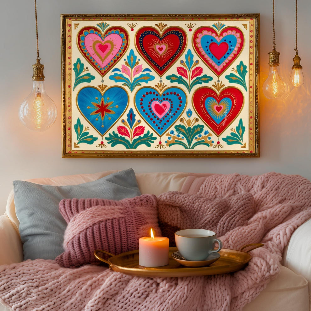 Scandi Folk Hearts Art Print – Scandinavian Boho Wall Art Red and Blue Nordic Heart Print Cozy Hygge Folk Decor