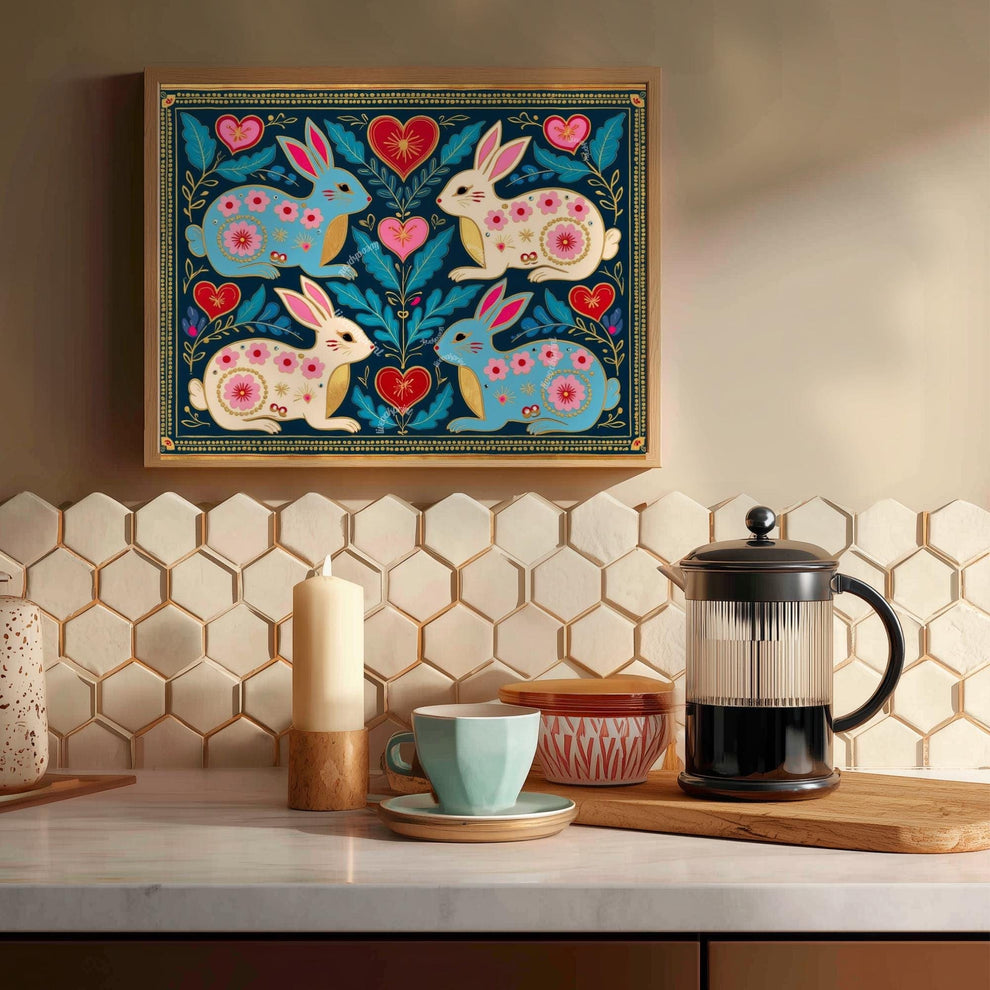 Scandi Folk Rabbit Art Print – Scandinavian Boho Wall Art, Nordic Bunny Print, Colorful Spring Decor, Cozy Hygge Home Gift