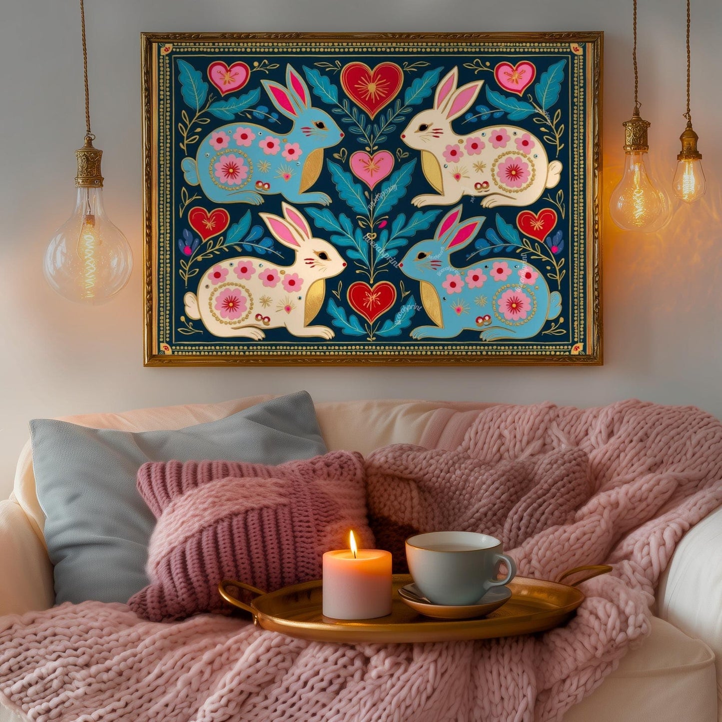 Scandi Folk Rabbit Art Print – Scandinavian Boho Wall Art, Nordic Bunny Print, Colorful Spring Decor, Cozy Hygge Home Gift