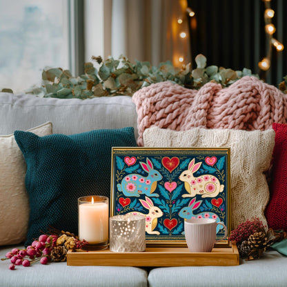 Scandi Folk Rabbit Art Print – Scandinavian Boho Wall Art, Nordic Bunny Print, Colorful Spring Decor, Cozy Hygge Home Gift