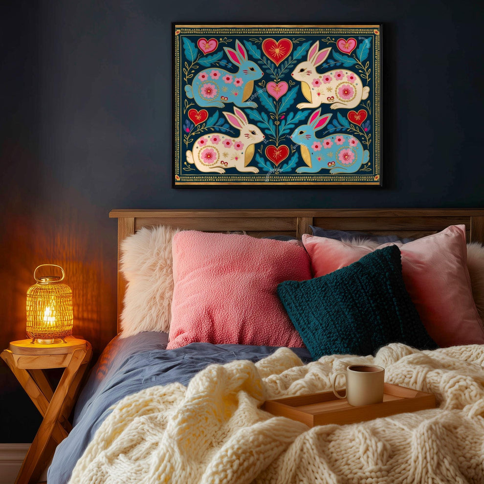 Scandi Folk Rabbit Art Print – Scandinavian Boho Wall Art, Nordic Bunny Print, Colorful Spring Decor, Cozy Hygge Home Gift