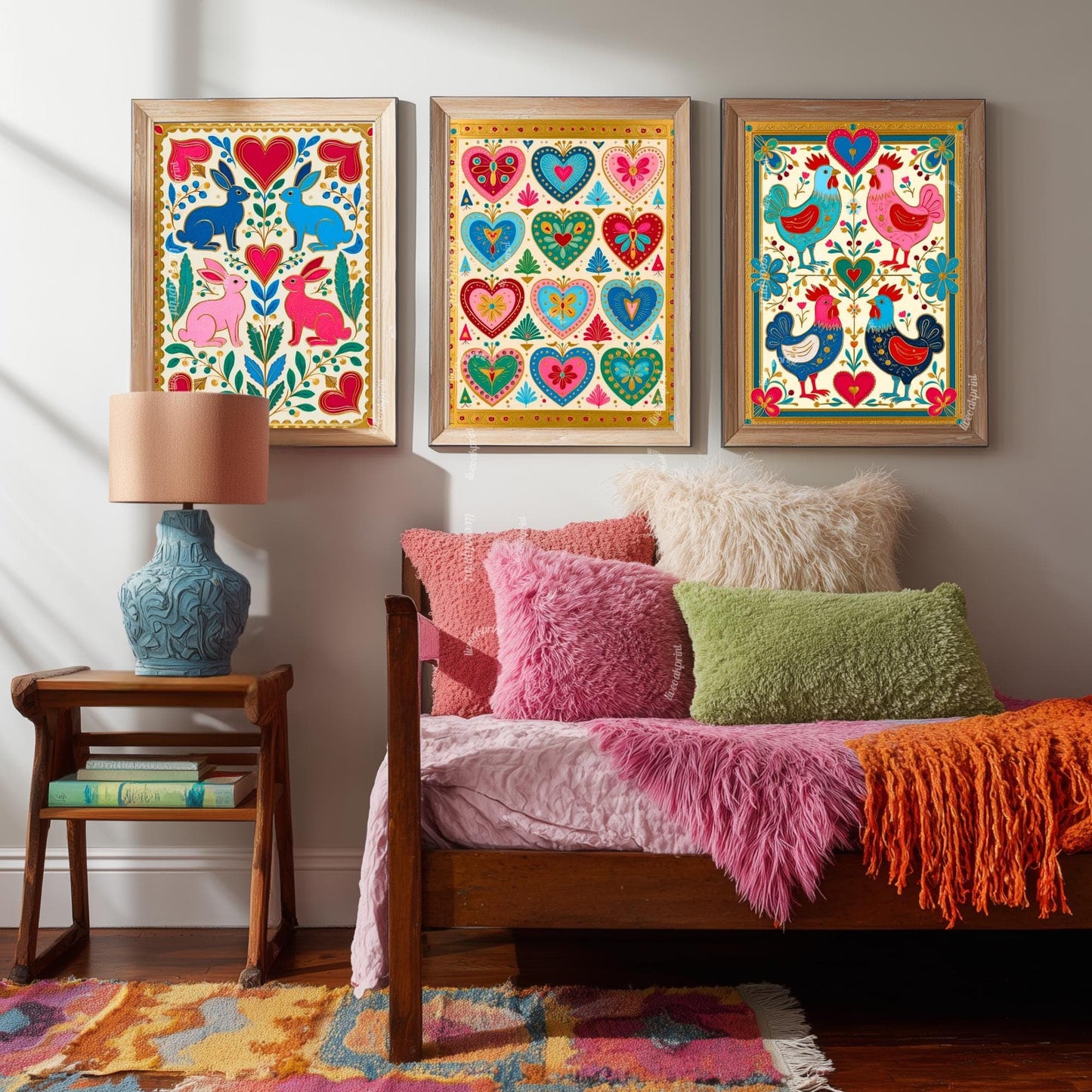 Scandi Boho Wall Art Set - Set of 3 Scandinavian Art Prints Nordic Wall Art Set of Three Hygge Bedroom Decor, Nordic Folk Heart, Rabbit Art