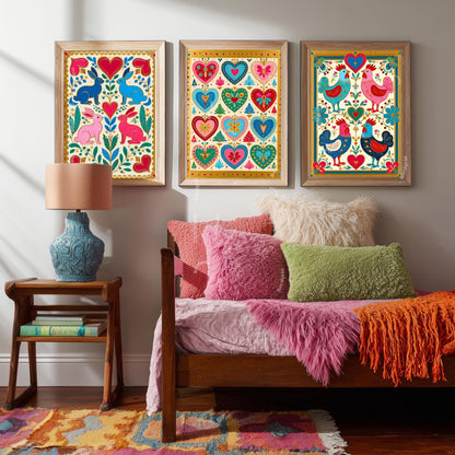 Scandi Boho Wall Art Set - Set of 3 Scandinavian Art Prints Nordic Wall Art Set of Three Hygge Bedroom Decor, Nordic Folk Heart, Rabbit Art