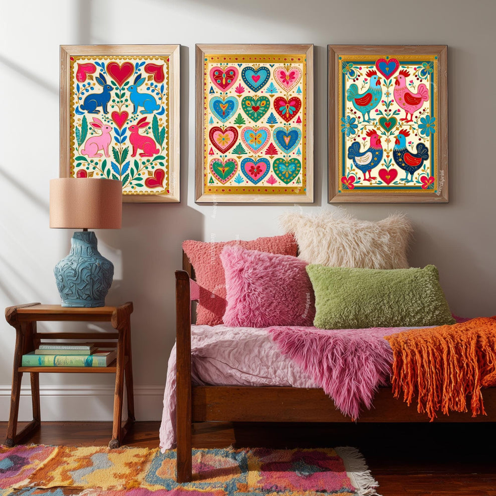 Scandi Boho Wall Art Set - Set of 3 Scandinavian Art Prints Nordic Wall Art Set of Three Hygge Bedroom Decor, Nordic Folk Heart, Rabbit Art