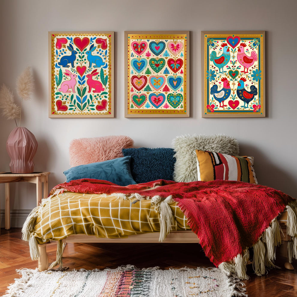 Scandi Boho Wall Art Set - Set of 3 Scandinavian Art Prints Nordic Wall Art Set of Three Hygge Bedroom Decor, Nordic Folk Heart, Rabbit Art
