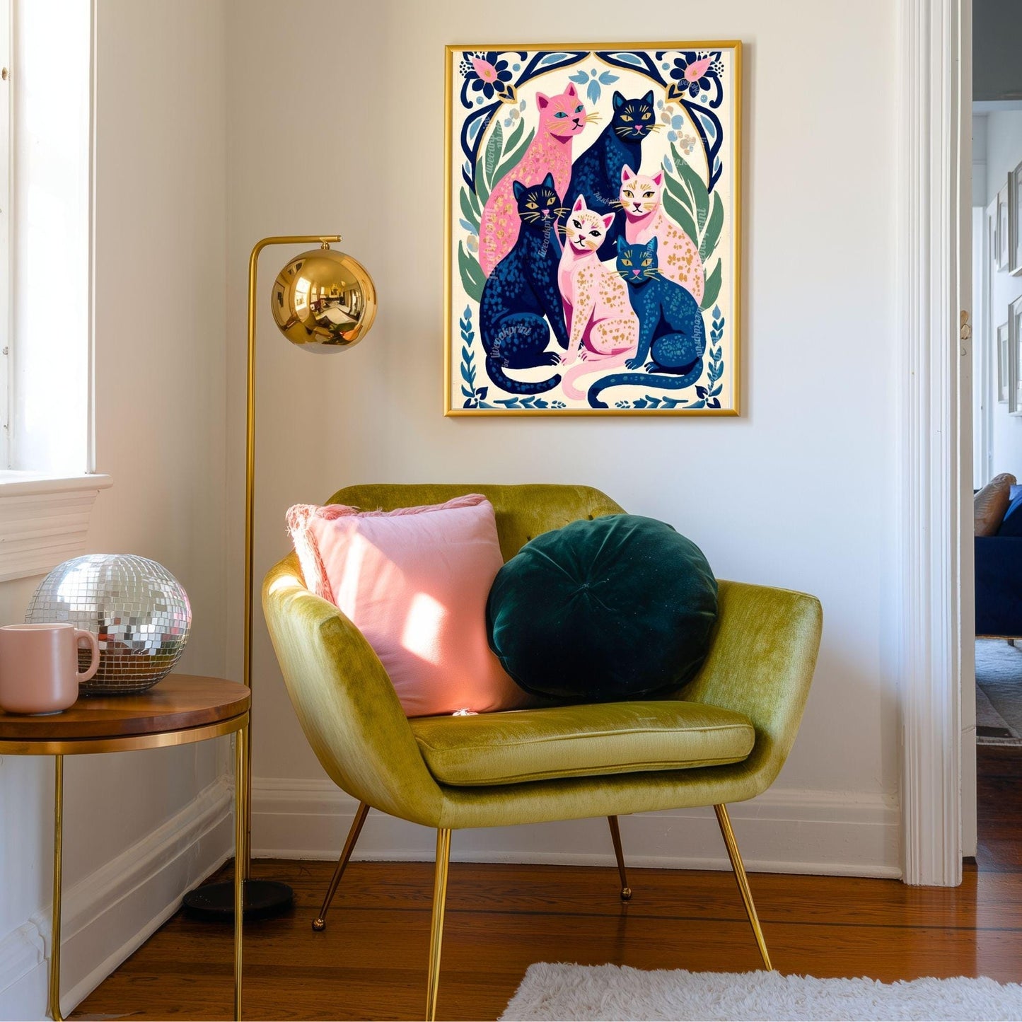 Colorful Cat Art Print | Whimsical Feline Wall Art | Pink & Blue Cat Poster | Gift for Cat Lovers | Modern Maximalist Decor