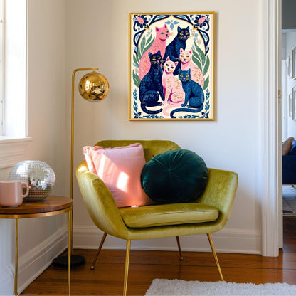 Colorful Cat Art Print | Whimsical Feline Wall Art | Pink & Blue Cat Poster | Gift for Cat Lovers | Modern Maximalist Decor