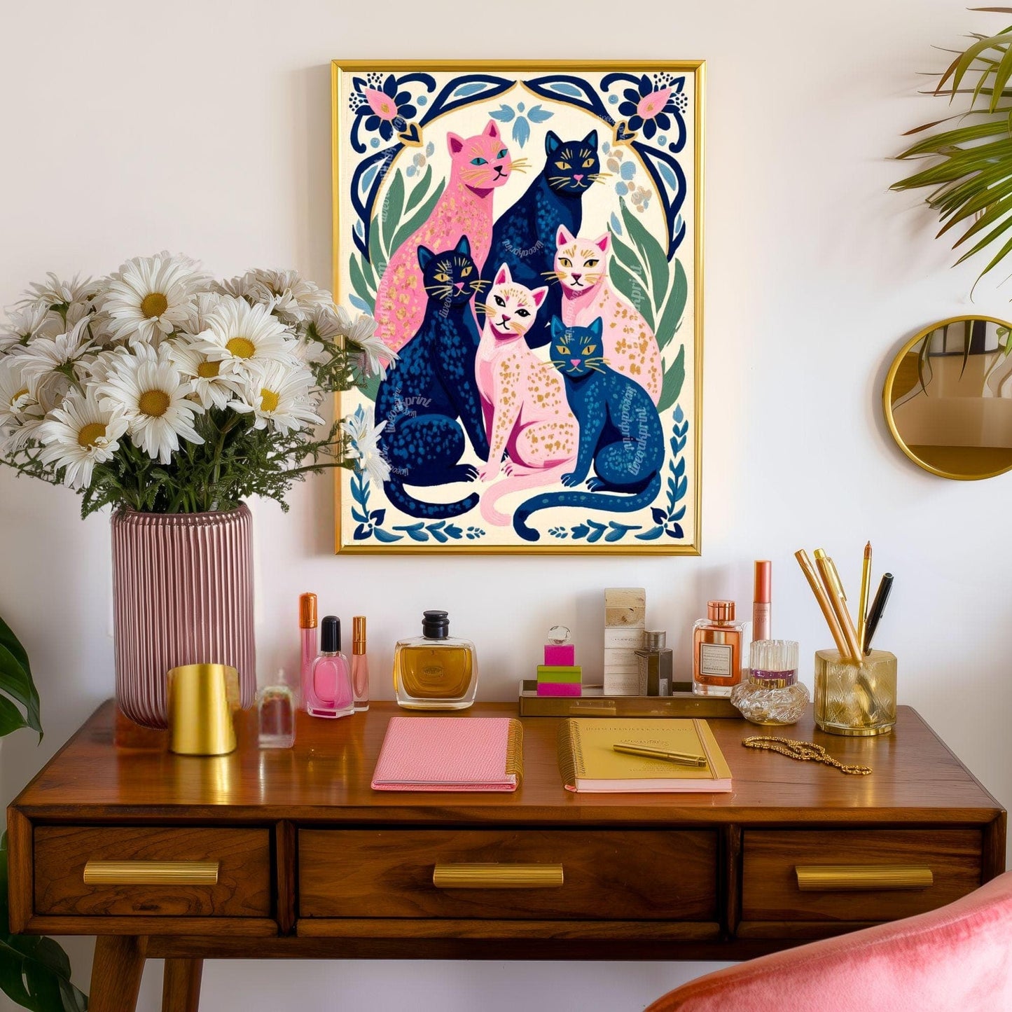 Colorful Cat Art Print | Whimsical Feline Wall Art | Pink & Blue Cat Poster | Gift for Cat Lovers | Modern Maximalist Decor