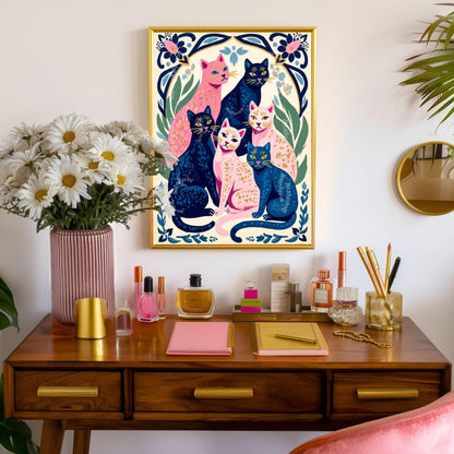 Colorful Cat Art Print | Whimsical Feline Wall Art | Pink & Blue Cat Poster | Gift for Cat Lovers | Modern Maximalist Decor