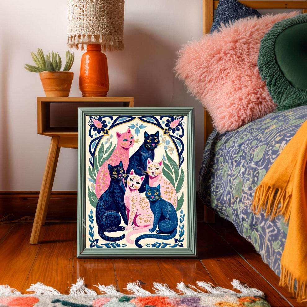 Colorful Cat Art Print | Whimsical Feline Wall Art | Pink & Blue Cat Poster | Gift for Cat Lovers | Modern Maximalist Decor