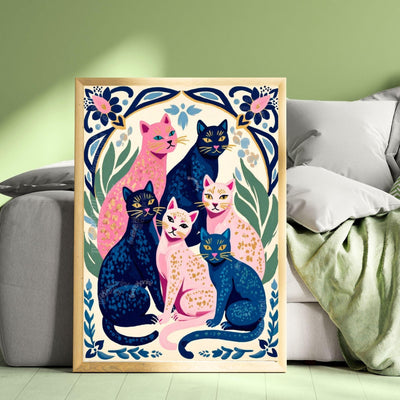 Colorful Cat Art Print | Whimsical Feline Wall Art | Pink & Blue Cat Poster | Gift for Cat Lovers | Modern Maximalist Decor