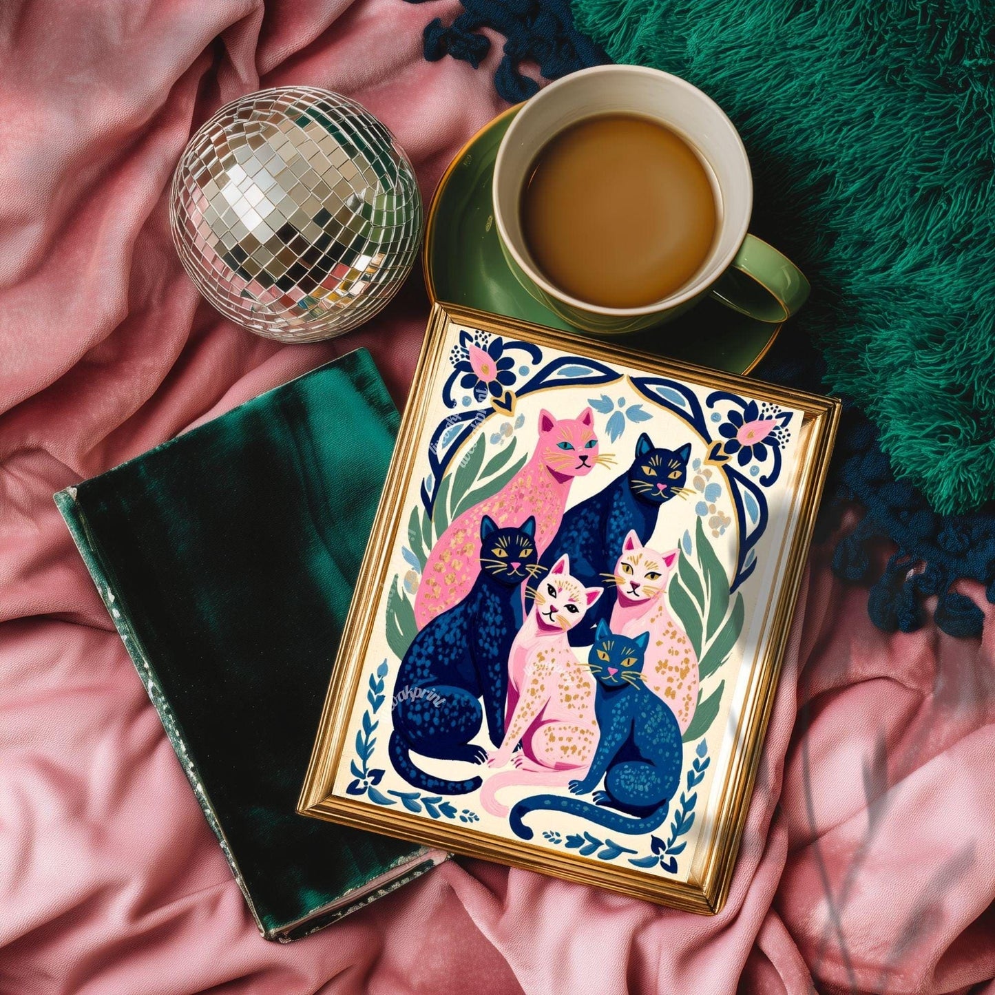 Colorful Cat Art Print | Whimsical Feline Wall Art | Pink & Blue Cat Poster | Gift for Cat Lovers | Modern Maximalist Decor