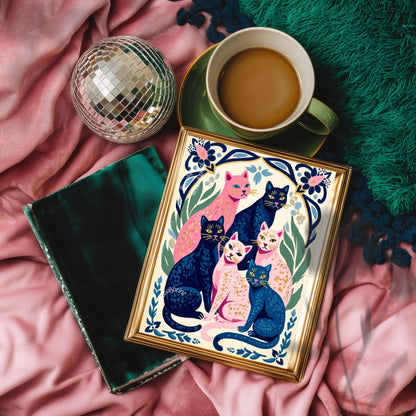 Colorful Cat Art Print | Whimsical Feline Wall Art | Pink & Blue Cat Poster | Gift for Cat Lovers | Modern Maximalist Decor