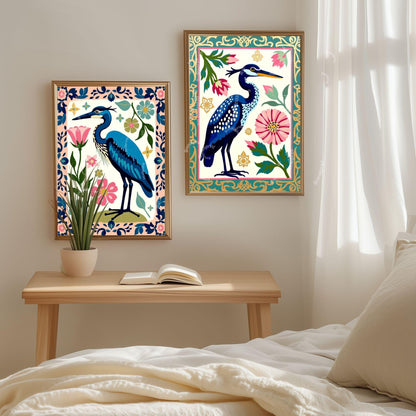 Blue Heron Art Print | Whimsical Bird Wall Art | Floral Heron Poster | Nature-Inspired Decor | Modern Maximalist Print | Framed or Unframed