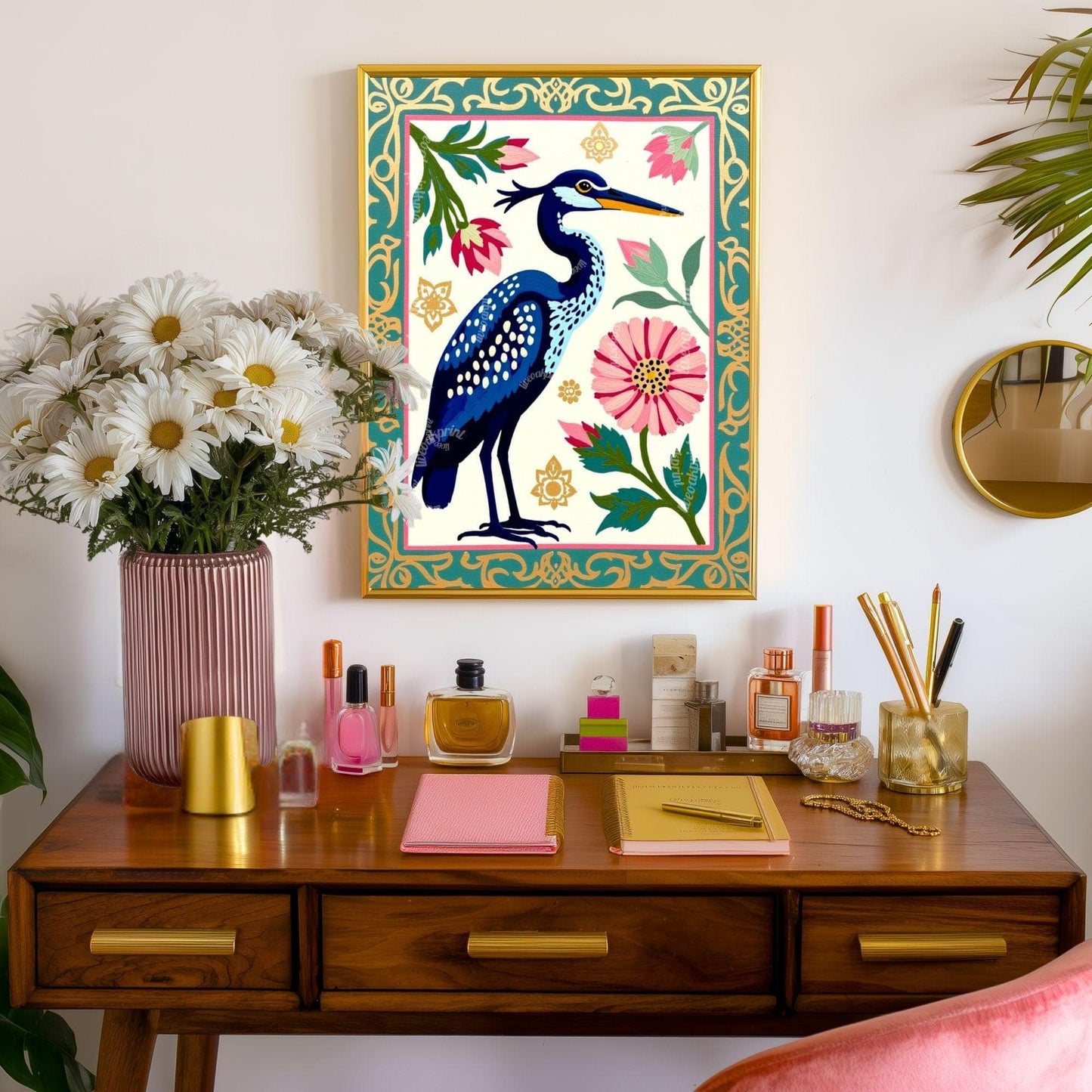 Blue Heron Art Print | Whimsical Bird Wall Art | Floral Heron Poster | Nature-Inspired Decor | Modern Maximalist Print | Framed or Unframed