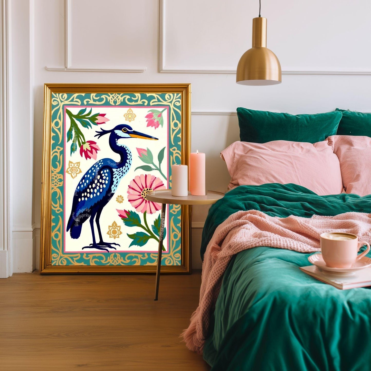 Blue Heron Art Print | Whimsical Bird Wall Art | Floral Heron Poster | Nature-Inspired Decor | Modern Maximalist Print | Framed or Unframed