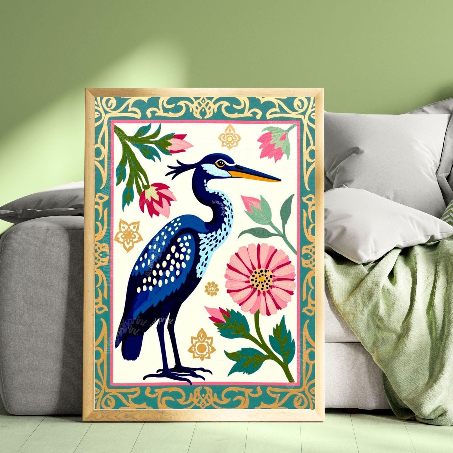 Blue Heron Art Print | Whimsical Bird Wall Art | Floral Heron Poster | Nature-Inspired Decor | Modern Maximalist Print | Framed or Unframed