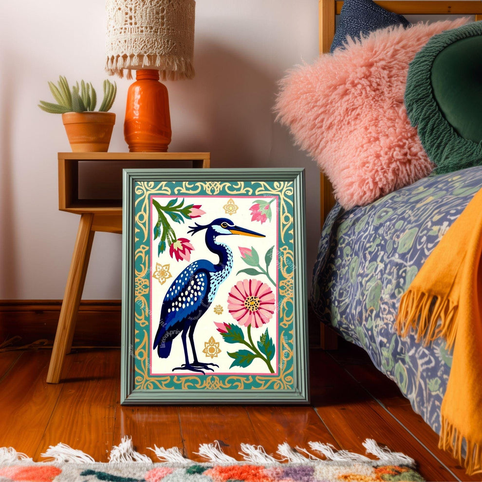 Blue Heron Art Print | Whimsical Bird Wall Art | Floral Heron Poster | Nature-Inspired Decor | Modern Maximalist Print | Framed or Unframed