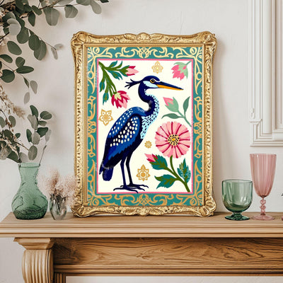 Blue Heron Art Print | Whimsical Bird Wall Art | Floral Heron Poster | Nature-Inspired Decor | Modern Maximalist Print | Framed or Unframed