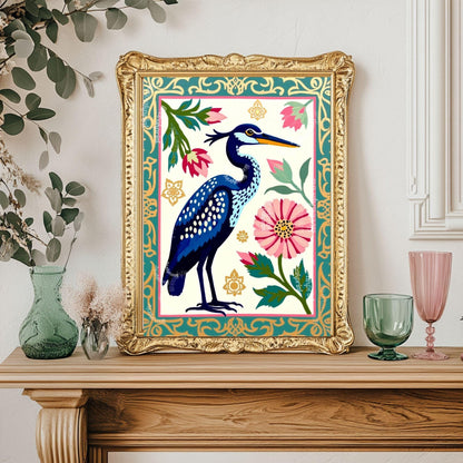 Blue Heron Art Print | Whimsical Bird Wall Art | Floral Heron Poster | Nature-Inspired Decor | Modern Maximalist Print | Framed or Unframed