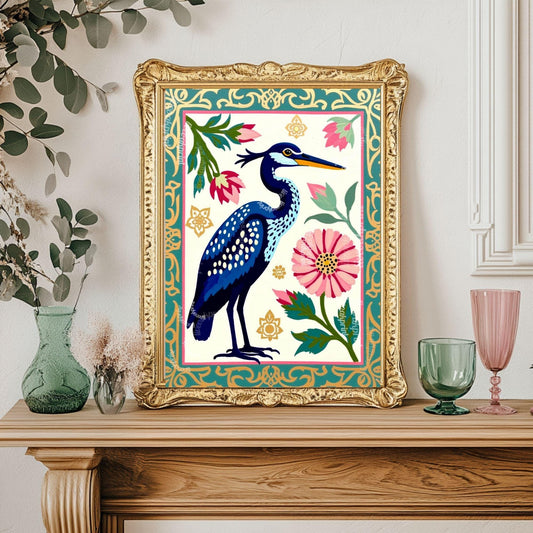 Blue Heron Art Print | Whimsical Bird Wall Art | Floral Heron Poster | Nature-Inspired Decor | Modern Maximalist Print | Framed or Unframed