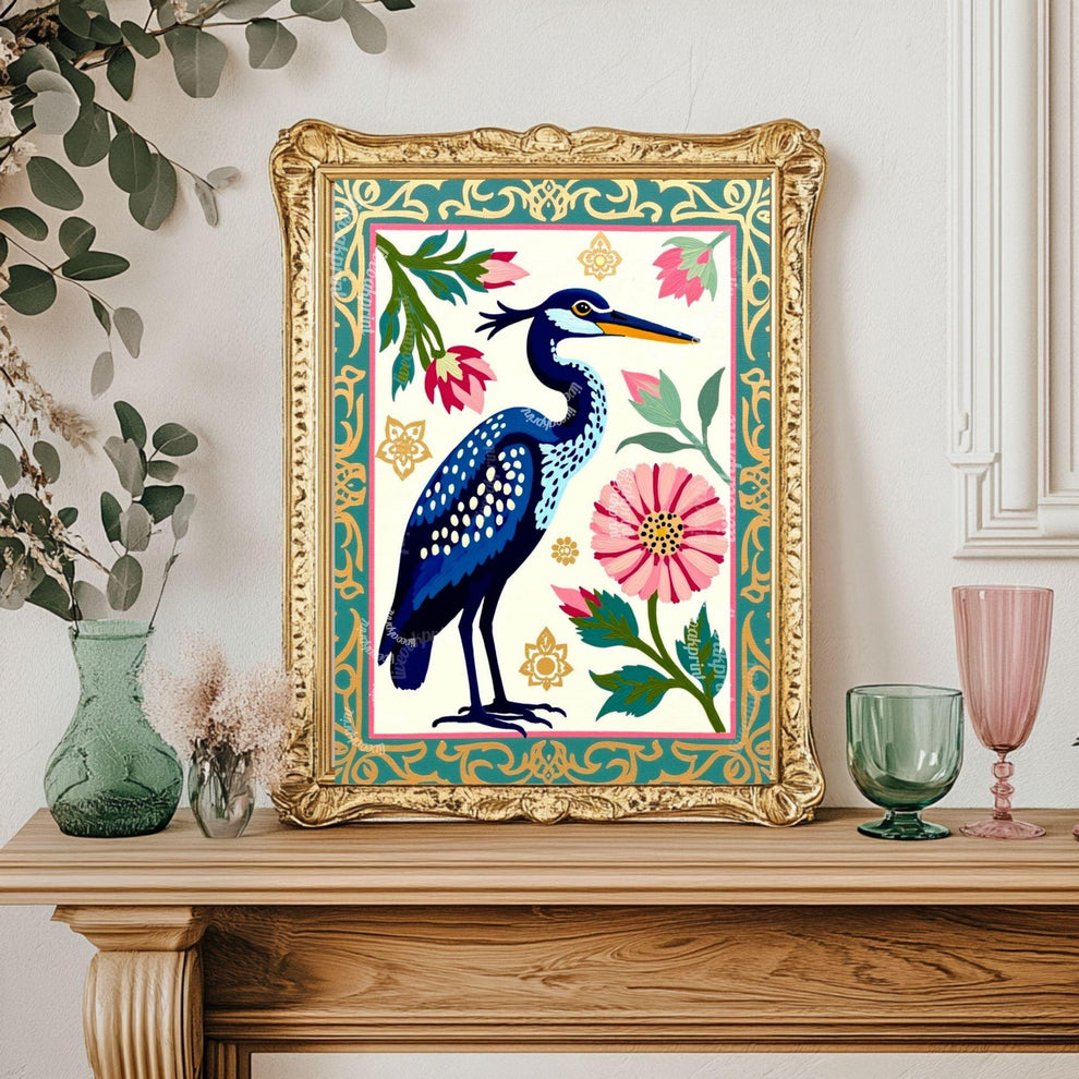 Blue Heron Art Print | Whimsical Bird Wall Art | Floral Heron Poster | Nature-Inspired Decor | Modern Maximalist Print | Framed or Unframed