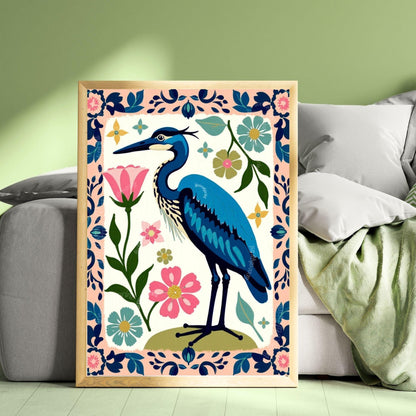 Blue Heron Wall Art | Floral Bird Wall Art | Whimsical Nature Poster | Pink and Blue Home Decor | Modern Maximalist Art