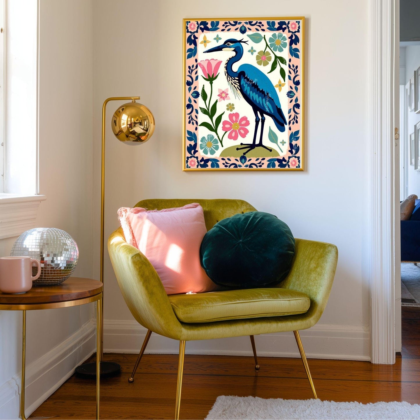 Blue Heron Wall Art | Floral Bird Wall Art | Whimsical Nature Poster | Pink and Blue Home Decor | Modern Maximalist Art