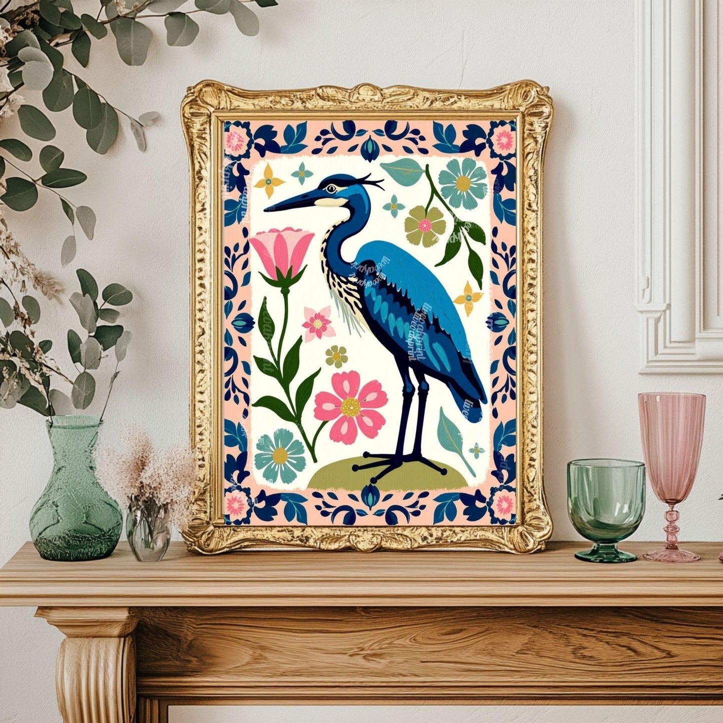 Blue Heron Wall Art | Floral Bird Wall Art | Whimsical Nature Poster | Pink and Blue Home Decor | Modern Maximalist Art